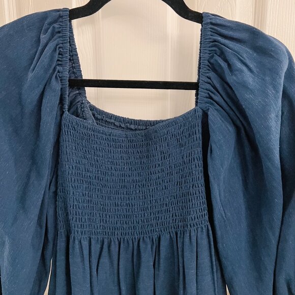 O.P.T Navy Athena Puff Sleeve Linen Blend Midi Dress - Picture 4 of 4